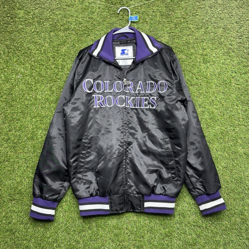 Vintage Colorado Rockies Satin Starter Jacket Mens Medium Snap Close Black 90s
